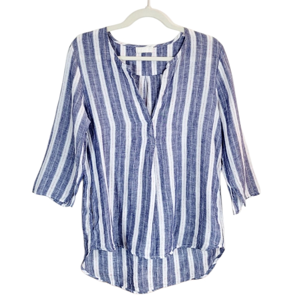 CP SHADES Blue White Red Striped Linen Split Neck Hi Lo Hem Oversized Tunic Top - Picture 9 of 9